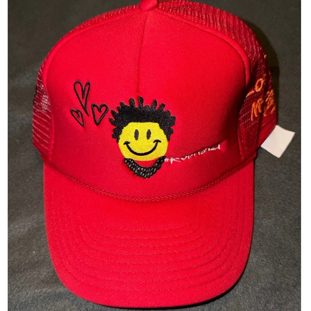 Rod Wave Red Trucker Hat Love 4 My Fans Smiley Face Snapback Nissin Cap Mens